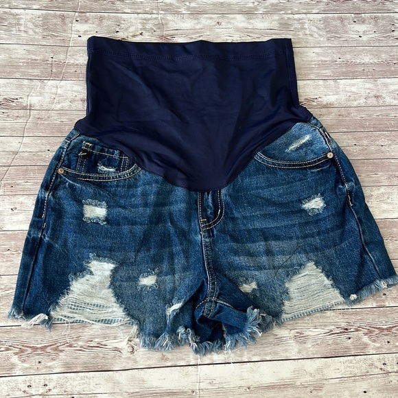Pinkblush Dark Wash Distressed Fringe Hem Maternity Full Panel Jean Shorts - Picture 4 of 11